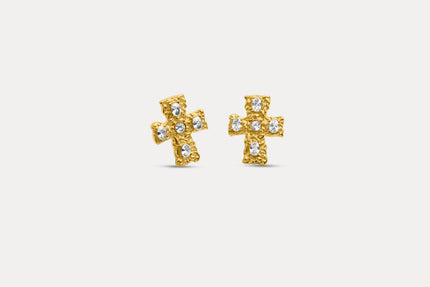 Gold cross stud earrings with blue crystal details